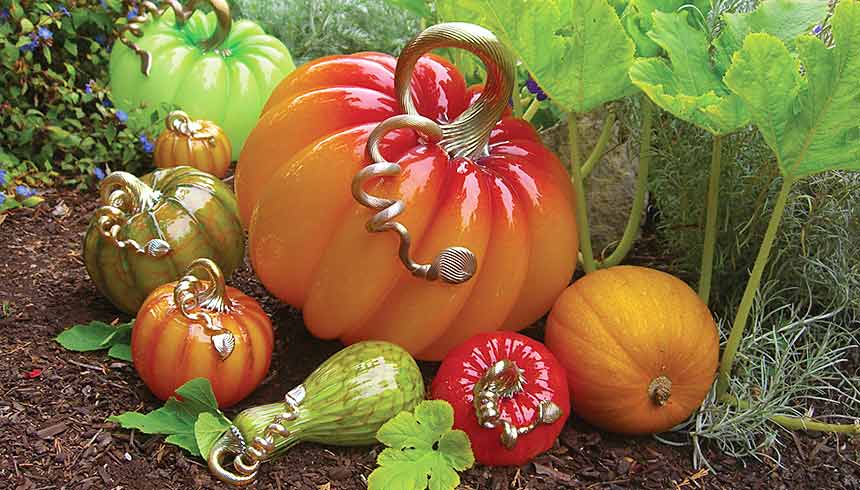 Hand blown glass pumpkins on display in our Glass Pumpkin Patch.